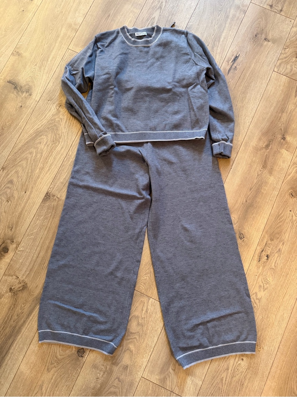 Women's Gray Knit Sweater Set - Cozy Crewneck Top & Wide Leg Pants